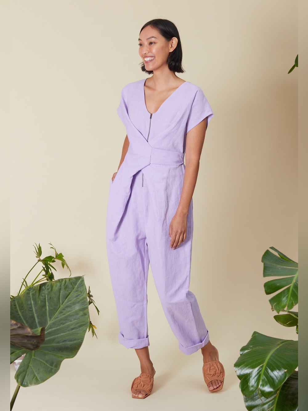 Rujuta Sheth Linen Venus Wrap Jumper Jumpsuit in Lilac